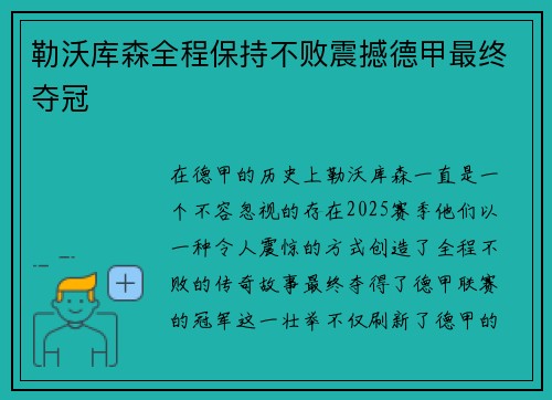 勒沃库森全程保持不败震撼德甲最终夺冠